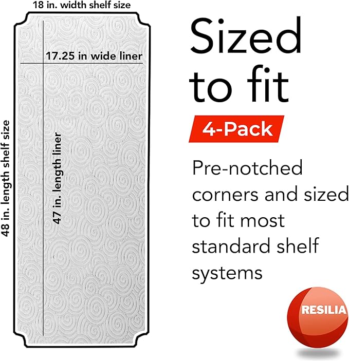 RESILIA Shelf Liner Set for Wire Shelving Units – 4 Pack, 18 Inches x 48 Inches, Clear Swirl Spiral Pattern, Anti-Slip, Heavy Duty, Made in The USA, for Kitchen, Bathroom, Garage Storage, Made in USA