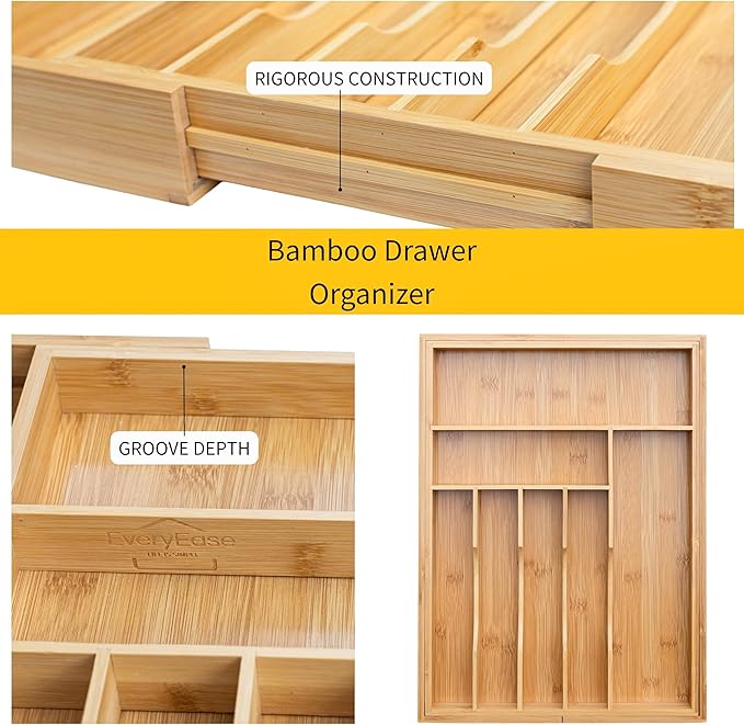 Liviys Cutlery Drawer Organizer for Kitchen Utensils, 13-20 Inches Expandable Bamboo Utensil Tray, Large Wooden Silverware Organizer Insert for Kitchen Drawers