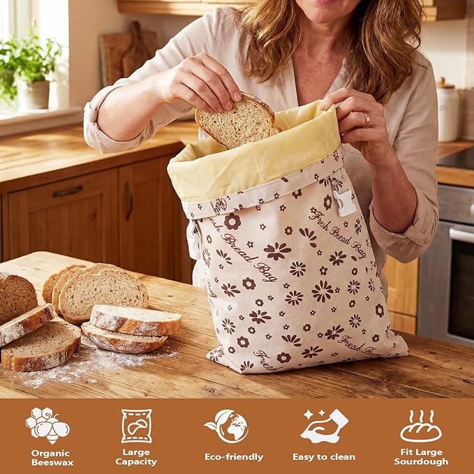 Beeswax Bread Bags for Sourdough 17in*12in Sealed Bag with Snap Closure Reusable Cotton Beeswax Bag for Homemade Bread Freezer-Friendly Freshness Preservation Food Storage 2 Pack（Brown Flowers）