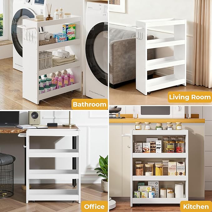 LIKIMIO 4 Tier Slim Storage Cart with Hooks, Wheels, Handle, Slide-Out Rolling Utility Cart for Small Spaces Kitchen, Narrow Mobile Shelving Unit Organizer Trolley, 23.6" L x 9.4" W