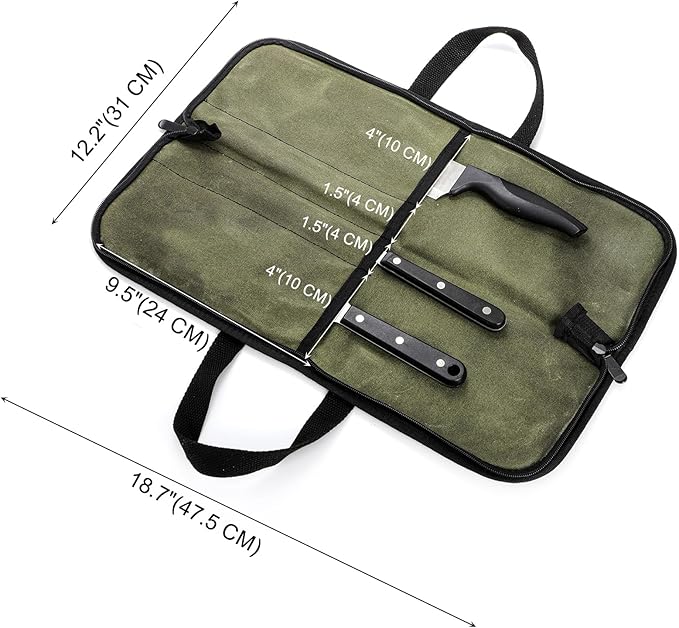 Tosnail Chef Knife Roll Bag with 4 Slots, Heavy Duty Waxed Canvas Knife Bag with Handle, Kitchen Knife Storage, Portable Knife Carrying Case