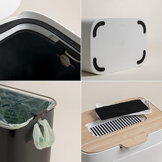 KAZAI. Compost Bin Kitchen 'Elin' | 1.2 GAL / 4.5L Countertop Compost Bin with Wooden Lid & Filter | Odor-Free, Dishwasher Safe, with Inner Bucket | Small Indoor Kitchen Composter | Off-White/Bamboo