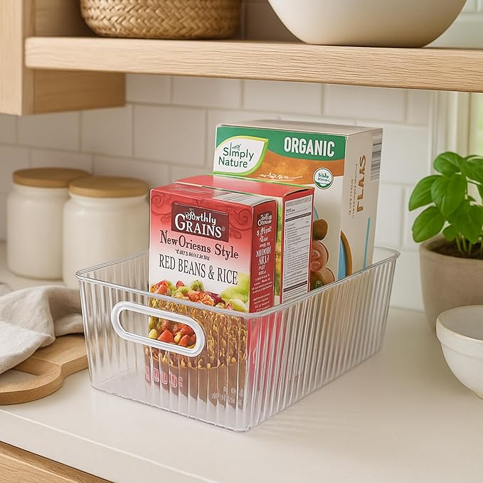 Oggi Clear Fluted Storage Bin with Handle - Durable Plastic Organizer for Fridge, Pantry, Cabinets & Countertop, Modern Farmhouse Style, Ideal for Kitchen Organization and Storage, 9.7" x 6.75"