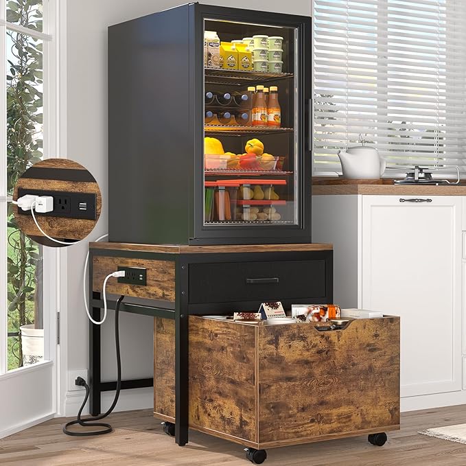 Unikito Mini Fridge Stand with Drawer Storage and Sockets, Heavy Duty Small Refrigerator Stand Cart for Dorm, Apartment, Office, Bedroom, Mini Fridge and Microwave Stand, Hold 300LBS, Rustic Brown