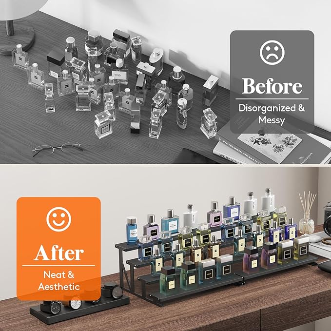 Lifewit Cologne Organizer for Men, Wooden Perfume Stand, 4 Tier Display Riser for Fragrance, Aftershave, Skincare Makeup for Vanity, Bedroom, Bathroom Storage, Black, 1 Pcs, 35 cm/14"