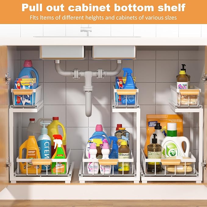 Under Sink Organizer, Pull Out Cabinet Organizer 2 Tier Slide Out Sink Shelf Cabinet Storage Shelves,Kitchen & Bathroom Organizers,Metal (White, 1 Pack-14.6 * 10.6 * 16.5in)