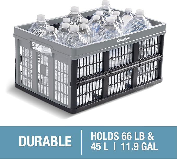 CleverMade Collapsible Utility Crates - Stone 3 Pack 45L / 11 Gal Holds 66 lbs - Stackable Containers Heavy Duty Capacity Crates-Space-Saving Baskets