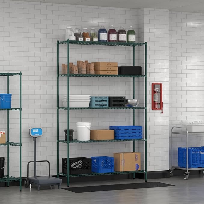 Commercial NSF Listed Green Epoxy Stationary Wire Shelving Kit 18" x 60" x 96", with 5 Shelves Perfect for Warehouse, Walk-in Refrigerator, Freezer, Grocery Store, Restaurant, Dishroom