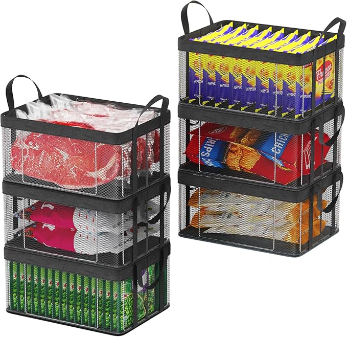 iSPECLE Chest Freezer Organizer Bins - 6 Pack Large Stackable Deep Freezer Organizer Bins for 10 to 20 Cu.Ft Easy Get Bottom Foods, Chest Freezer Organizer Prevent Frozen Food Waste, Black