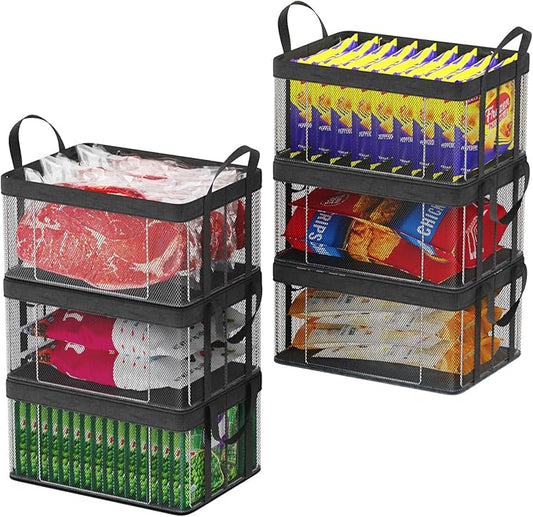 iSPECLE Chest Freezer Organizer Bins - 6 Pack Large Stackable Deep Freezer Organizer Bins for 10 to 20 Cu.Ft Easy Get Bottom Foods, Chest Freezer Organizer Prevent Frozen Food Waste, Black