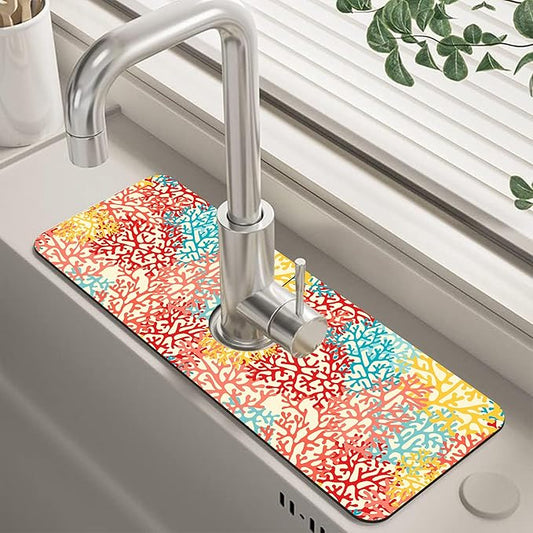 Colorful Sea Corals Dish Drying Mat for Kitchen Sink Splash Guard Behind Faucet Sink Mat Absorbent Fast Drying Faucet Draining Mat for Bathroom Kitchen 5.5"×15"