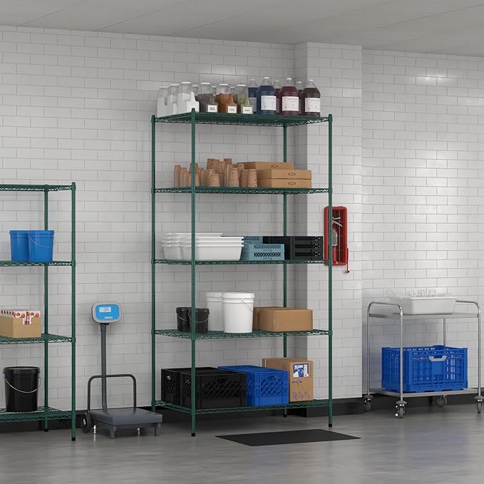 Commercial NSF Listed Green Epoxy Stationary Wire Shelving Kit 30" x 48" x 96", with 5 Shelves Perfect for Warehouse, Walk-in Refrigerator, Freezer, Grocery Store, Restaurant, Dishroom
