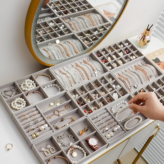 Jewelry Trays Organizer for Drawer, 9 Set of Small Jewelry Display Case Storage Velvet Stackable Drawer Inserts Organizer for Necklaces Bracelets Earrings Rings (Grey)