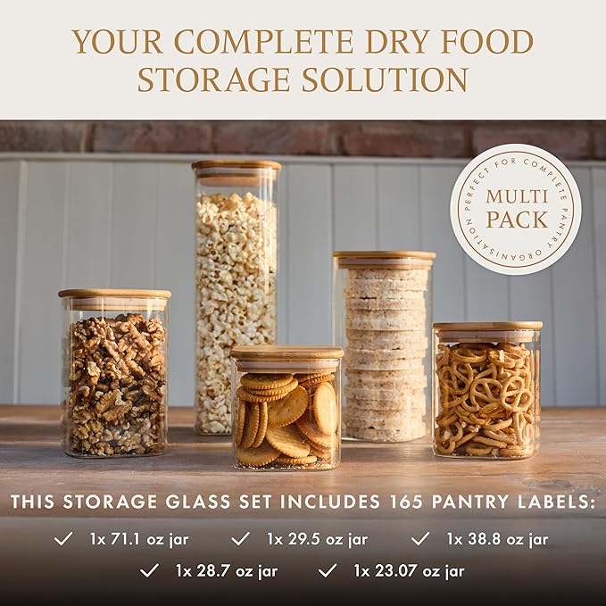 Glass Pantry Storage Containers with Lids- 165 Pantry Labels– Set of 5 various Sizes- Glass Canisters with bamboo lids-Perfect Pasta, Flour food Storage Containers-Airtight-Kitchen Canisters