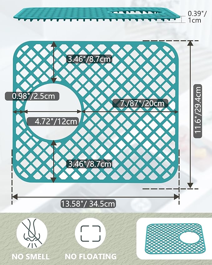 BEHOK 2 Pack Silicone Sink Protectors for Kitchen Sink, Lozenge Pattern 13 x 11 Inches Sink Mat, Non-Slip and Durable Sink Protector Silicone, Rear Drain, Green