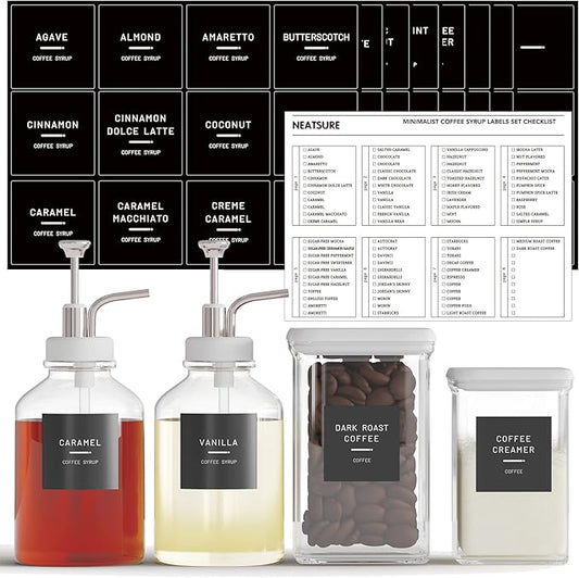 Neatsure 89 Coffee Syrup Labels for Coffee Bar Accessories, Minimalist Preprinted Coffee Stickers for Coffee Station, Essentials for Syrup Bottle & Dispenser Organization