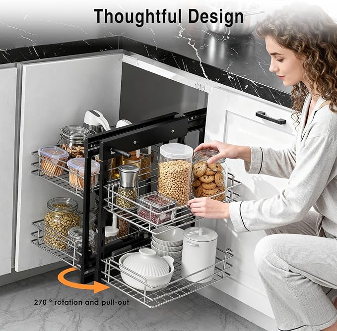 Blind Corner Cabinet Pull Out Home Kitchen Slide Out Storage Organizer Corner Pull-Out Basket Widen Cabinet Organizer Double-Layer Bowls Storage Shelf