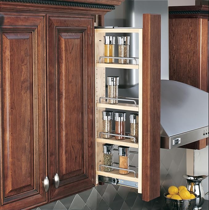 Rev-A-Shelf Kitchen Cabinet Pullout Wall Filler Wooden Organizer Slide Out Pantry Storage w/Soft-Close in Multiple Sizes, 3 x 33 In, 432-WFBBSC33-3C