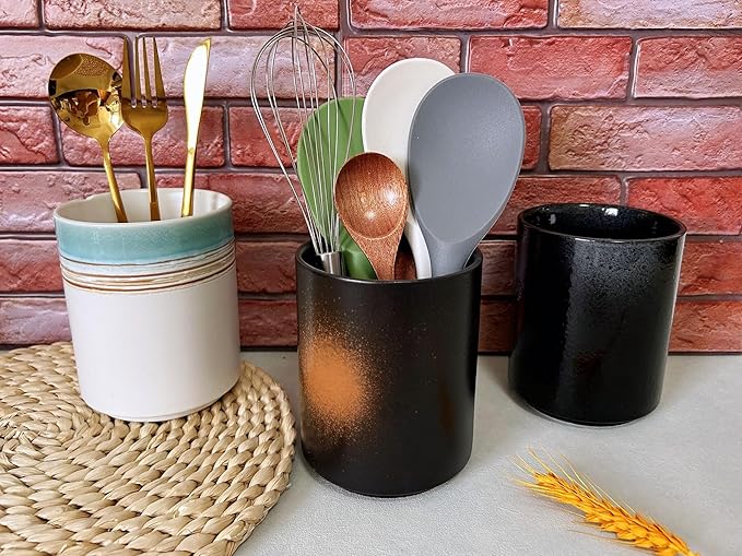 Short Kitchen Utensil Holder for Kitchen Counter, Ceramic Small Utensil Crock & Vase & Holder for Cutlery Spatula Brush Silverware Cooking Utensil Holder (Firework)