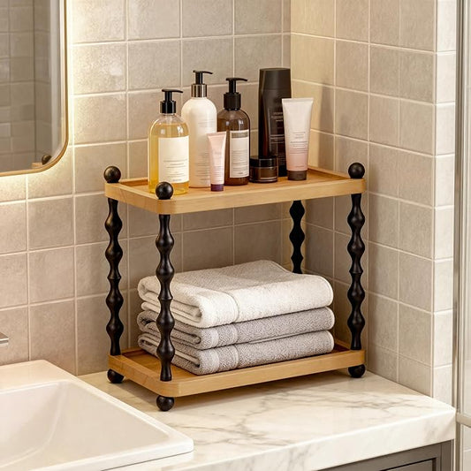 2 Tier Bathroom Counter Organizer, Wood Perfume Makeup & Skincare Organizers for Vanity, Retro Bathroom Sink Countertop Storage shelf for Corner, Kitchen and Coffee Station (Light Brown)