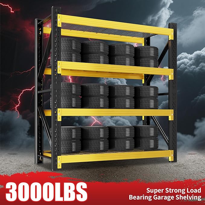 3000LBS Garage Shelving 59" W Garage Shelving Heavy Duty 4-Tier Metal Storage Shelves Adjustable Shelf Unit Grid Storage Rack for Basement Supermarket Warehouse 59" W x 24" D x 78" H Yellow