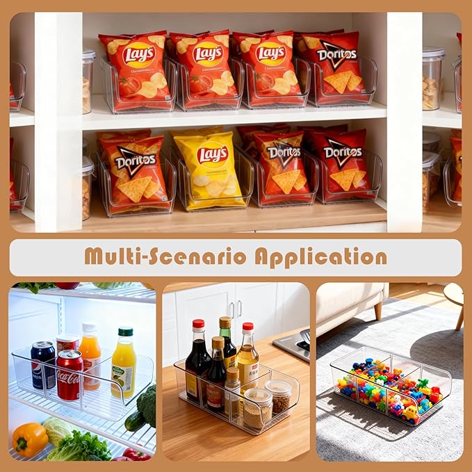 4 Pack Chip Bag Organizer for Pantry, 3-Compartment Chip Storage Containers with Detachable Dividers, Pantry Organizers and Storage for Chip and Snacks, Snack Organizer for Pantry, Fridge, and Cabinet