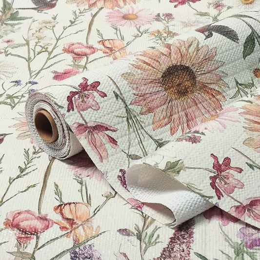 Vuacepe Floral Drawer and Shelf Liner for Kitchen Cabinets Non-Adhesive Drawer Liner Non-Slip Daisy Shelf Liners Strong Grip Waterproof Easy to Clean Cabinet Liners for Dresser Cupboard 12IN × 10FT