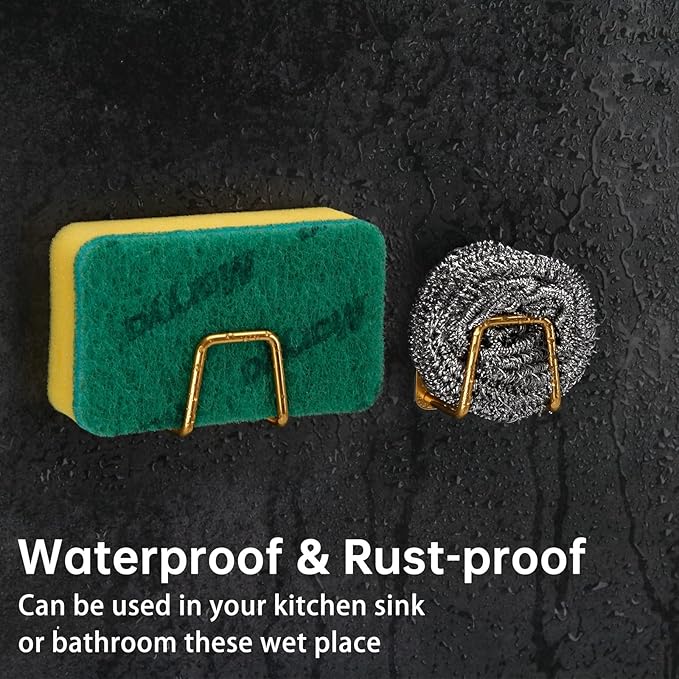 4 Pcs Adhesive Sponge Holder for Kitchen Sink Essentials,No Drilling.Stainless Steel Small Dish Sponge Holder for Sink Counter,Dish Sponge and Brush Organization Holder.Rustproof and Waterproof,Gold