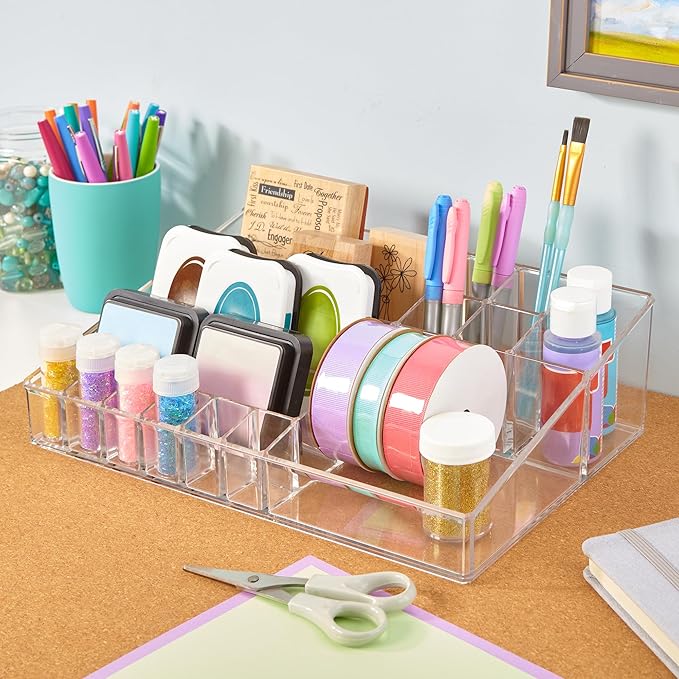 STORi Audrey Clear Vanity Makeup Organizer | 15-Compartment Holder for Brushes, Eyeshadow Palettes, & Beauty Supplies | Stacks on Audrey Storage Drawers | Made in USA | Vanity, Holder