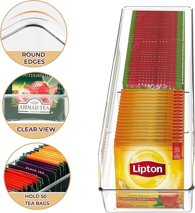 Tea Bag Organizer, Tea Bag Holder Box Storage Bin, Clear Tea Packet Plastic Drawer, Sugar Packet, Coffee, Condiment, Spice Bag Holder for Kitchen Cabinet, Countertop, Fridge