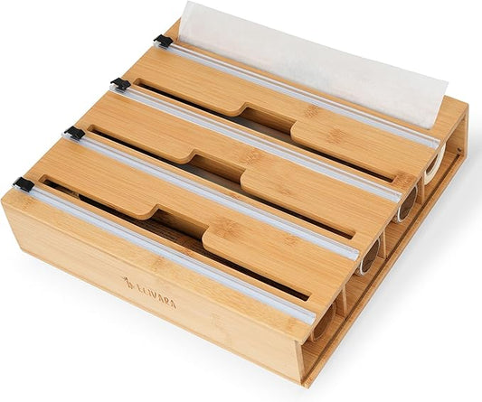 4-in-1 Bamboo Wrap Organizer with Cutter – Holds Plastic Wrap, Foil, Parchment & Paper Towels – Drawer or Countertop Use – Durable Bamboo Dispenser with Labels