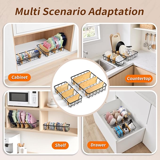 2-Pack Adjustable Lid Organizers - Large Kitchen Cabinet Organizer for Food Storage Container and Tumbler Cup Lids with 6 Bamboo Dividers - Organizers in Kitchen/Pantry/Laundry Room(Size:S+L)