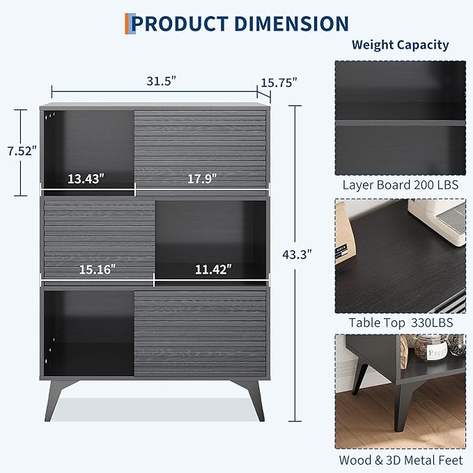 IDEALHOUSE Fluted Cabinet with Sliding Doors, Modern Wooden Storage Cabinet with Metal Base, 31 Inch Sideboard Cabinet with Storage for Dining Room,Living Room, Entryway