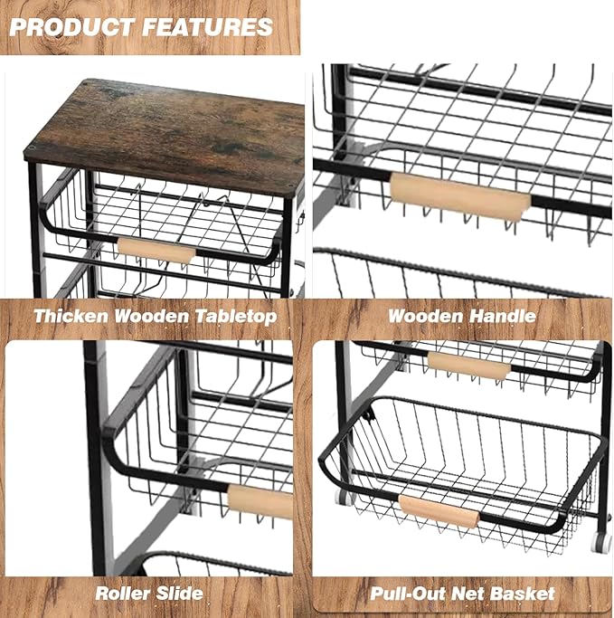 4-Tier Fruit Basket for Kitchen Counter Utility Organizer Carts on Wheels&Wood Top with Storage, Rolling Kitchen Cart for Pantry, Living Room (Black)