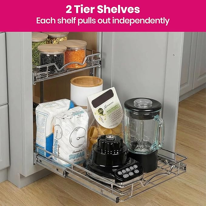 HOLDN’ STORAGE Two Tier Pull Out Cabinet Organizer, Individual Sliding Drawers - Heavy Duty Metal with Lifetime Limited Warranty - Anti Rust Chrome Finish - 26" W x 21”D x 16.5" H