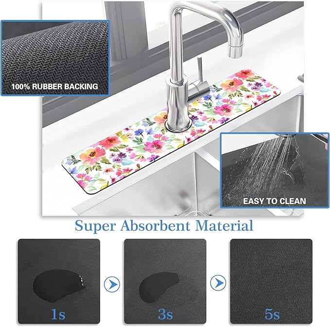 Watercolor Floral Faucet Mat Splash Guard Purple Pink Meadow Flower, Soft Diatom Mud Material, Strong Water Absorption, Non-slip,Easy to Clean for Bathroom, Kitchen 23.5"X5.5"
