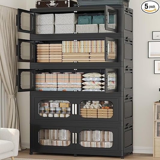 250Gal Exra Large Stackable Storage Bins with Lid, 1000QT Collapsible Storage Box with 6x Wheels, Folding Plastic Cabinet Container with Door Drawer for Home Kitchen Office Dorm, 5Pack Black