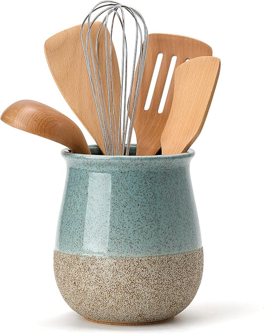 Utensil Holder for Kitchen Counter, Modern Farmhouse Cooking Utensil Holder and Crock Home Kitchen Decor, Ceramic Utensil Organizer for Spatula, Ladle, Eggbeater, Rolling Pin- Blue and Brown