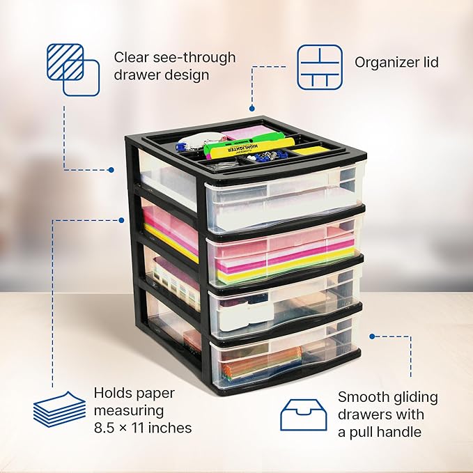 Gracious Living 4 Drawer Desktop & Countertop Organizer w/Organization Lid for Craft Storage, Office Supplies & School Supplies, Black/Clear (3 Pack)