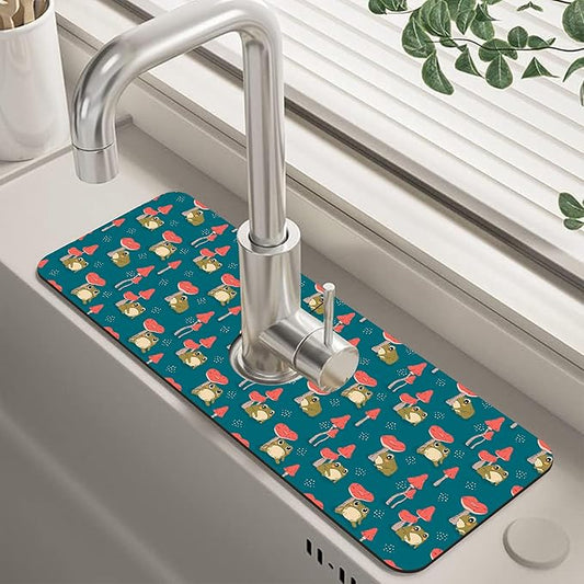 Cute Frog and Mushrooms Dish Drying Mat for Kitchen Sink Splash Guard Behind Faucet Sink Mat Absorbent Fast Drying Faucet Draining Mat for Bathroom Kitchen 5.5"×15"