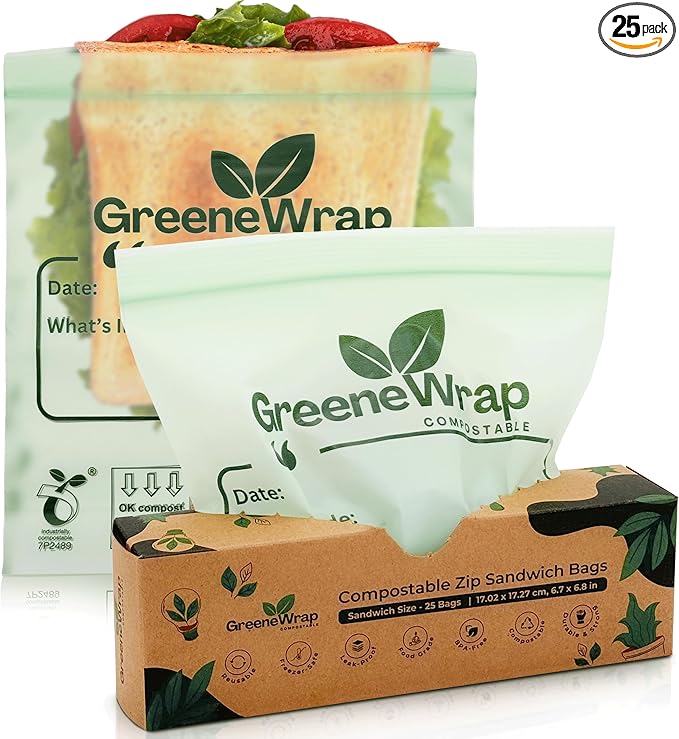 GreeneWrap Compostable Sandwich Size Zip Bags 25 Count Extra Thick 2 mil Resealable, Leak-Proof, Freezer Safe Disposable Food Storage Bags, BPI and OK Compost Home Certified, ASTM D6400