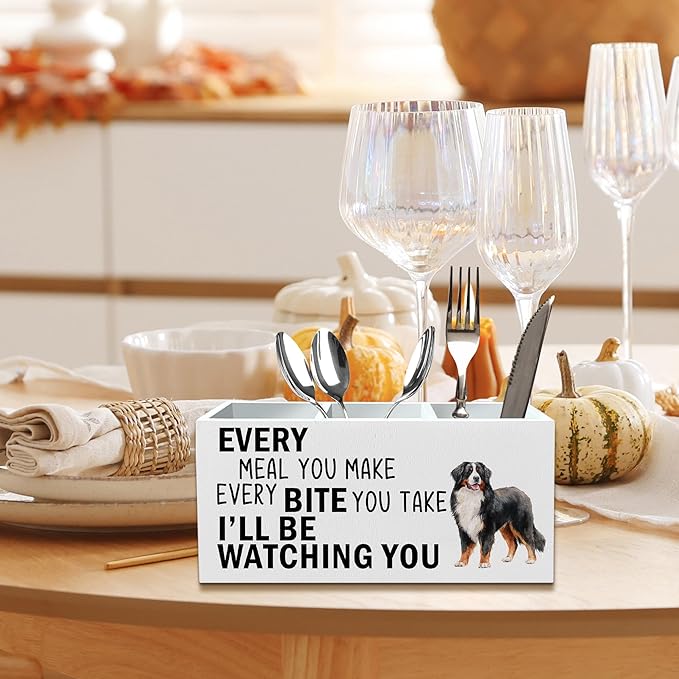 Bernese Mountain Dog Kitchen Utensil Holder for Countertop, Dog Decorative Lover Gifts, Funny Every Meal You Make Every Bite You Take Wooden Utensil Holder Organizer for Kitchen Table Decor