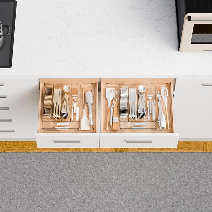 Yieach Clear Expandable Silverware Drawer Organizer,9.4-15.6In Adjustable Silverware Tray for Drawer,Plastic Kitchen Utensil Drawer Organizer for Cutlery,Flatware Organizers and Fork and Spoon Holder
