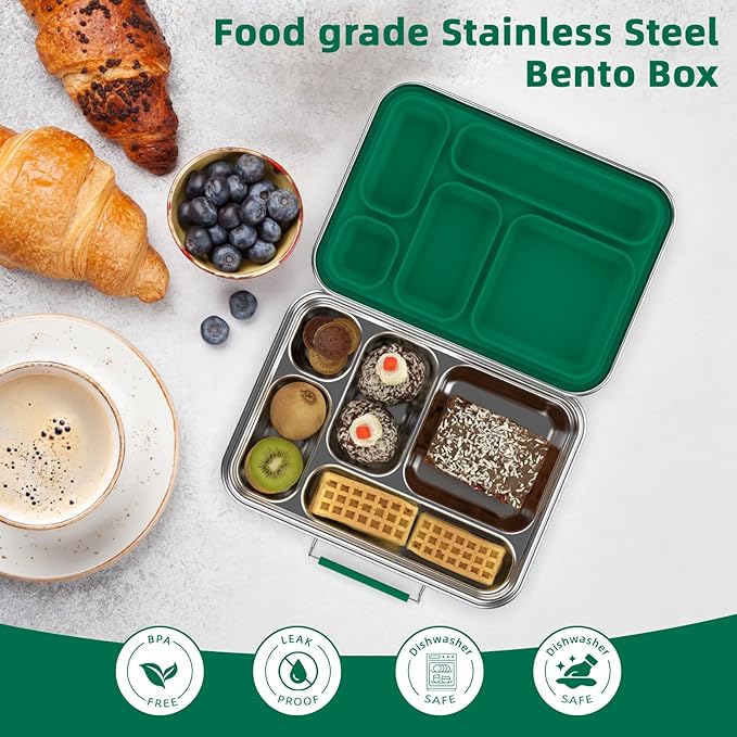 Stainless Steel Bento Box for Adults, 5-Compartments Leak-Resistant Stainless Steel Lunch Container with 2 Container, Dishwasher-Safe,Design for Office Picnics and Travel,BPA-Free Green
