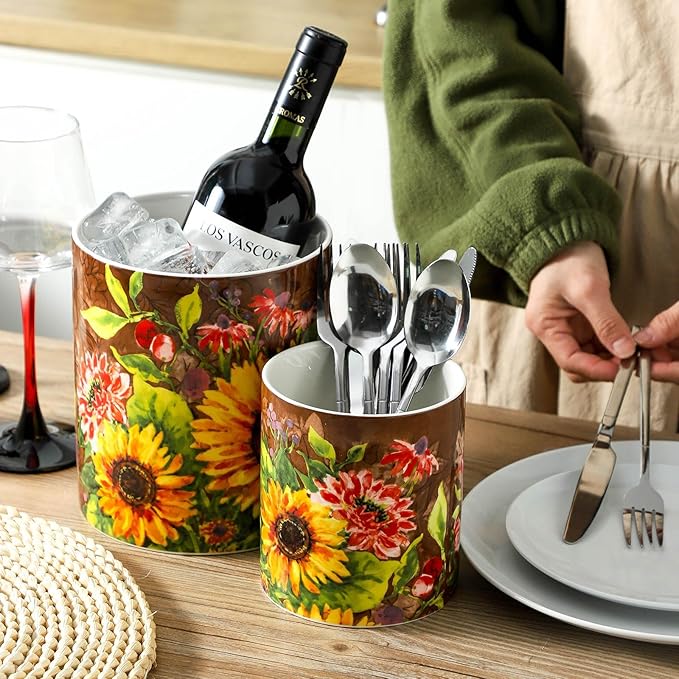 7"+5.3" Oil Painting Sunflower Utensil Holder,Large Kitchen Utensil Holder Organizer,Stable Utensil Crock Spatula Holder for Kitchen Counter Countertop Farmhouse Cooking Tools Holder
