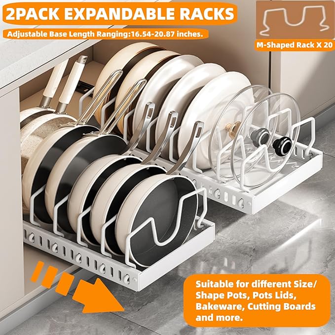 2Pack Expandable Under Cabinet Organizer Rack with 20 Adjustable Dividers for Pots, Pans, Lids & Bakeware, Kitchen Storage Holder for Cabinet Door, Fits Cutting Boards, White