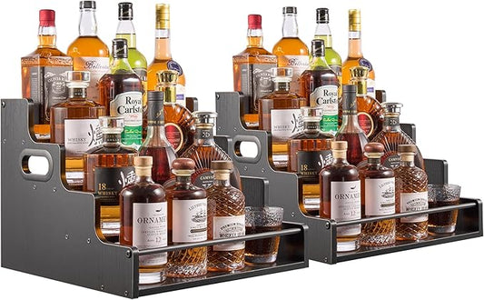 2 Pack 4-Tier Liquor Bottle Display Shelf, 16-Inch Wooden Bar Shelves for Liquor Bottles, Countertop Whiskey Shelf and Bourbon Shelf Organizer for Home Bar, Kitchen（Black）