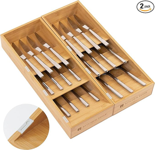 KitchenEdge Premium Cutlery, Flatware, and Silverware Drawer Organizer – Slanted 3-Compartment Design with Labeled Slots, Non-Slip Feet, 100% Sustainable Bamboo, 2 Pack