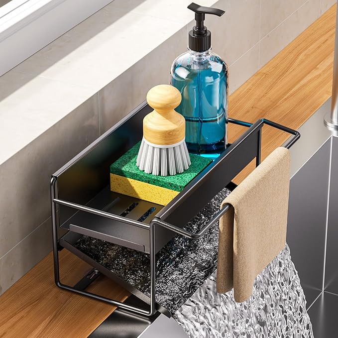 Kitchen Sink Caddy, 304 Stainless Steel Sponge Holder with Towel Bar, Rustproof Sink Organizer for Kitchen Counter & Faucet