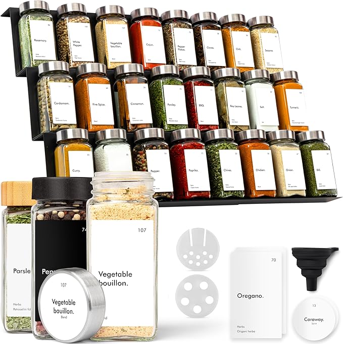 KIVY Drawer Spice Organizer + 24 Jars & 240 Labels - Seasoning Rack for Organization - Kitchen Drawer Insert for Spice Jars - Glass Seasoning Jars with Airtight Lids - Glass Spice Jars with Label